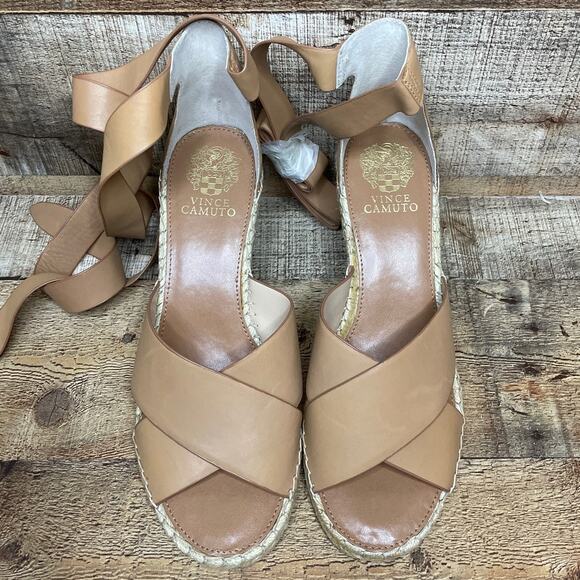 Vince Camuto Leddy Wedge Espadrille Ankle Wrap Sandals Tan Leather SZ 10 - Picture 10 of 12